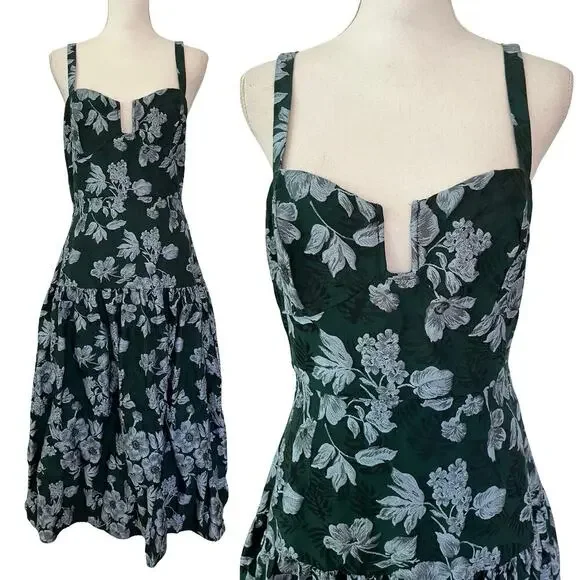 Lulus Major Flirtation Emerald Floral Jaquard Midi Dress Size M Drop Waist - Picture 7 of 10